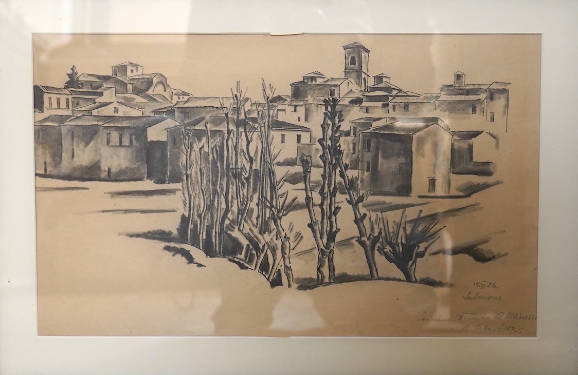 Adrian Paul Allinson ROI (1890-1959), charcoal, Mediterranean landscape with villas, signed, inscribed and dated '26, 26 x 43cm. Condition - fair, some creasing